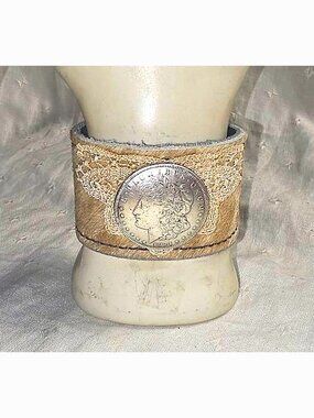 Silver Coin Concho Wide Cuff Bracelet Brown & Off White Hair On Hide Leather